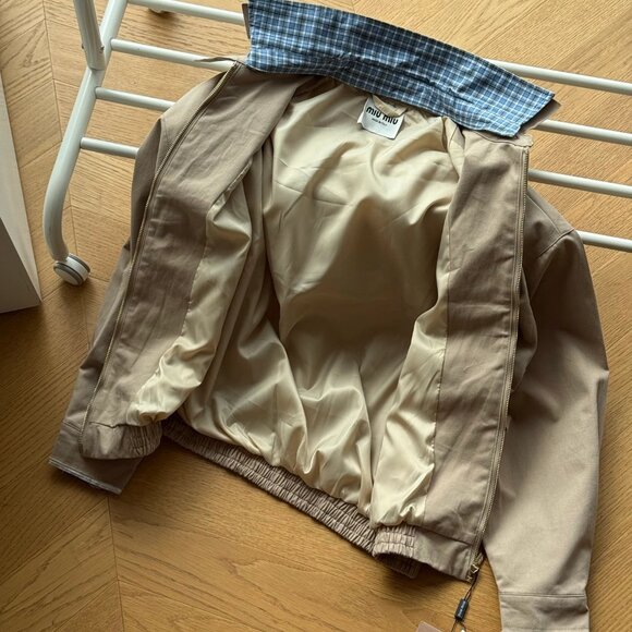 Miu Miu Women's Casual Zip-Collar Faux Two-Piece Jacket — Beige - Picture 5 of 6